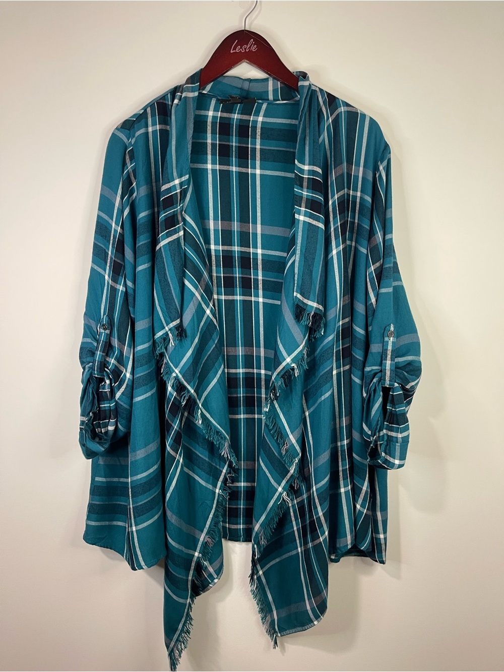 Lane Bryant Teal Plaid Draped Open-Front Cardigan